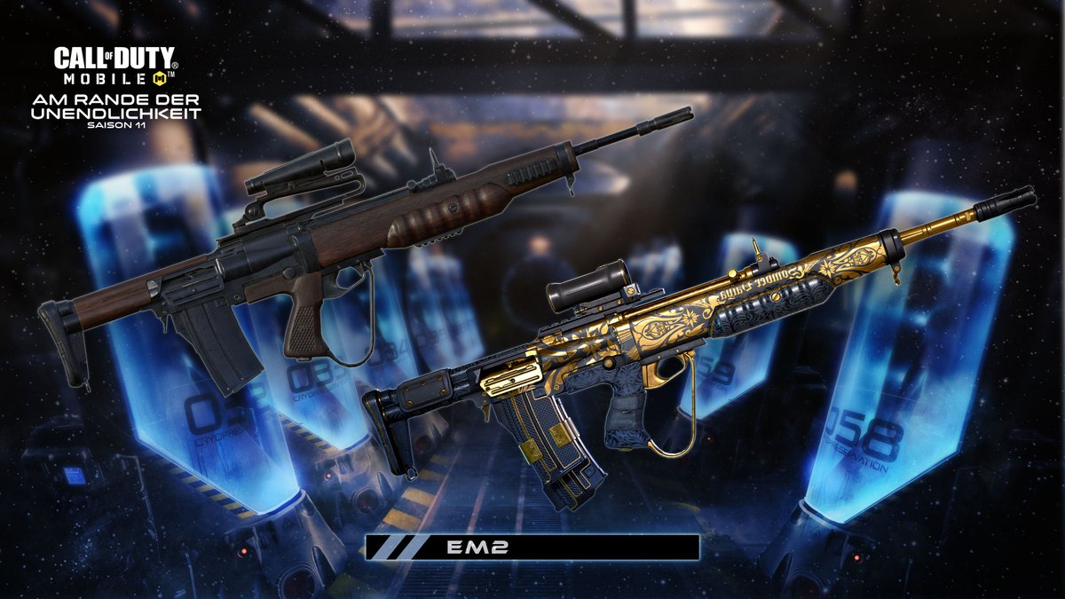 CODMobileDE's tweet photo. Haut ihr bei euren Waffen mit oder ohne Skin rein? ❓

Das EM2 und das „EM2 - Vergoldeter Hammer“ ⭐️ sind jetzt im Battle Pass von Saison 11: Am Rande der Unendlichkeit verfügbar! https://t.co/PhGXz91Jfi
