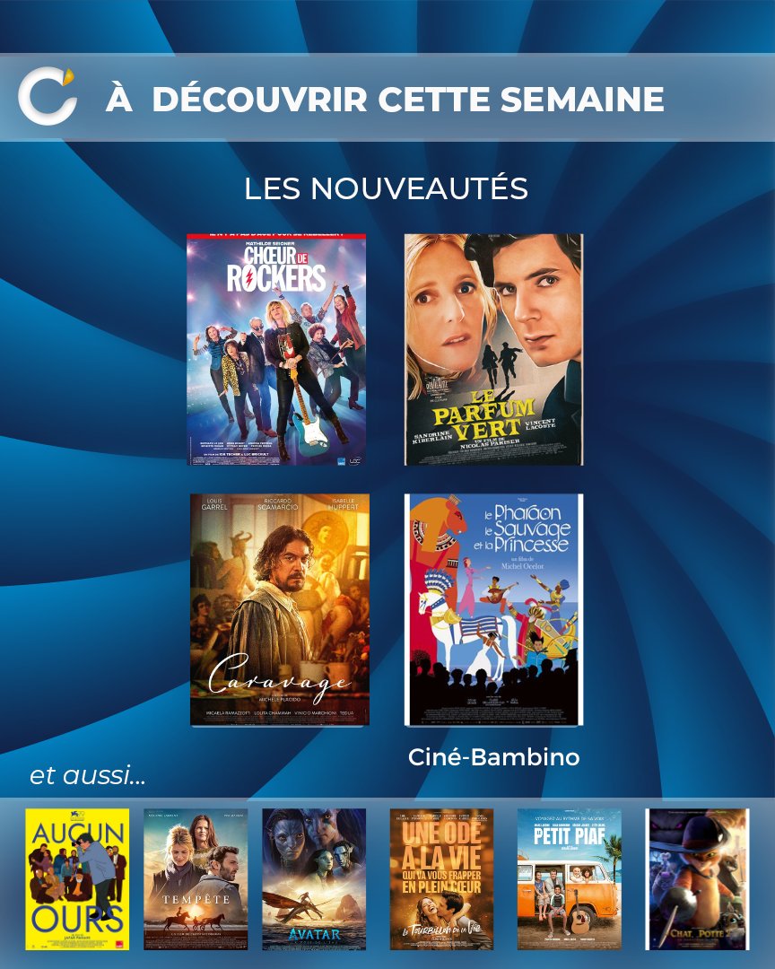 CinevilleCeltic's tweet photo. 🎥 Le programme de la semaine 🎥
Nouveautés :
#ChoeursDeRockeurs
#LeParfumVert
#Caravage (VOST ET VF)
et aussi : 
#AucunOurs en VOST à partir du dimanche 01/01 avec @GrandEcranCC 
#LePharaonLeSauvageEtLaPrincesse le 31/12 à 13H45 https://t.co/M3JrJiOZ4b