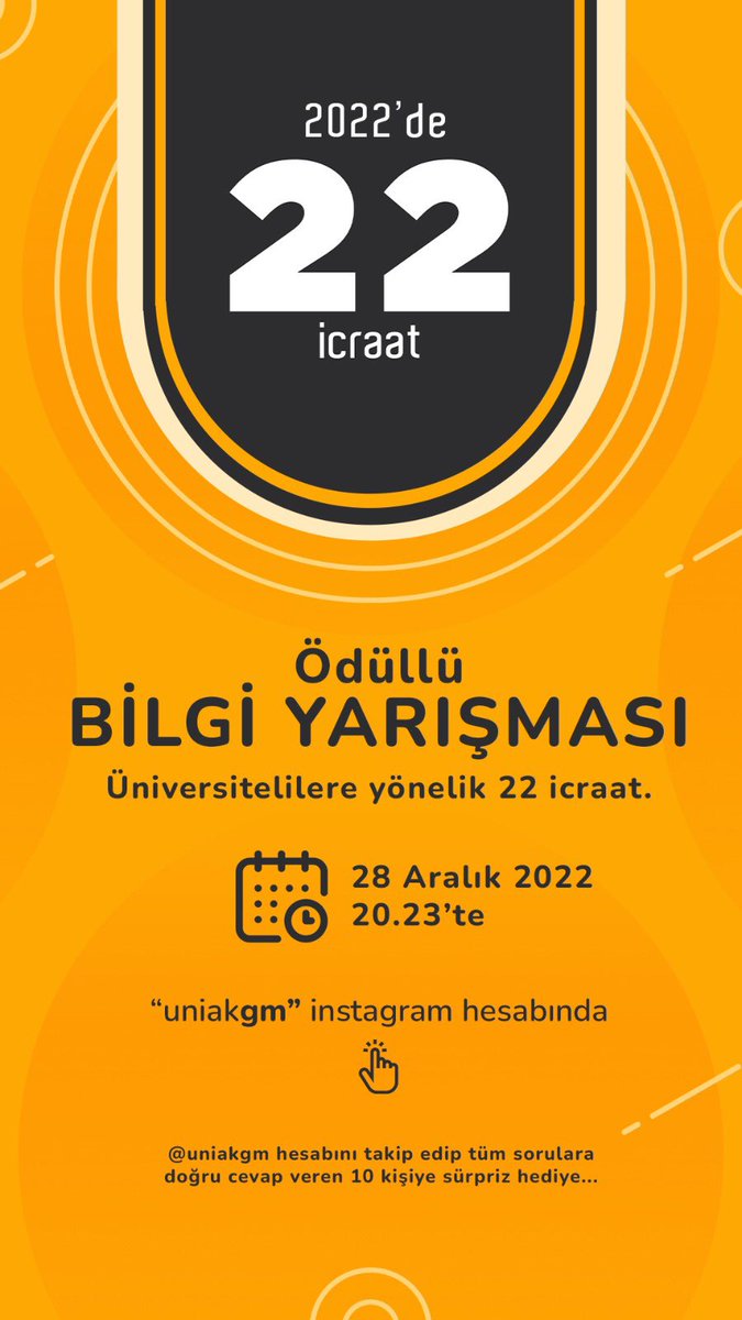 2022’de 22 İcraat 😎🏫🎓

🕣20.23’te uniakgm instagram hesabımızda gerçekleştireceğimiz Ödüllü Bilgi Yarışmamıza katılımlarınızı bekliyoruz. 📲