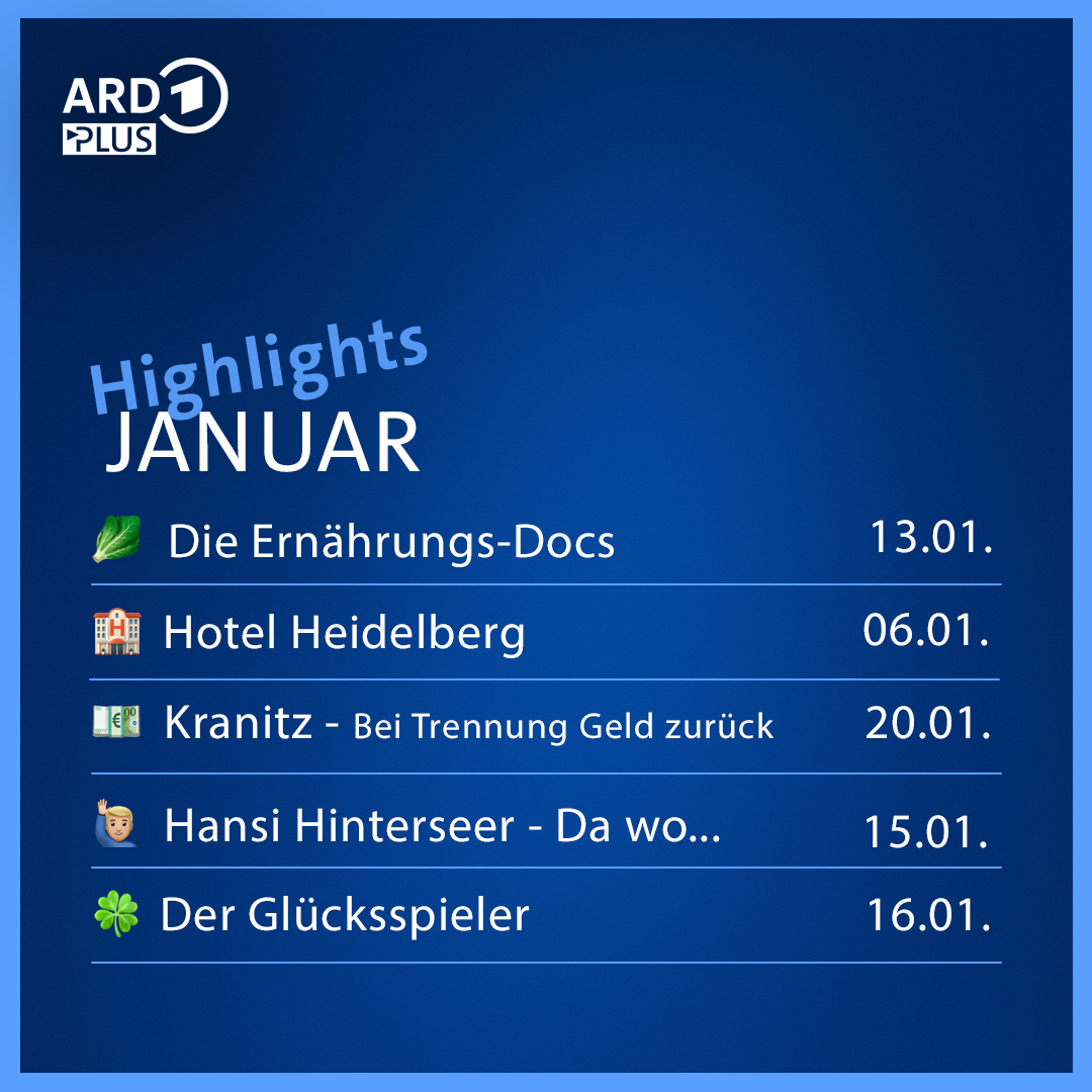 #ARDPlus im #Januar: Diese #Highlights findet Ihr ab diesem #kranitzbeitrennunggeldzurück 

▶ ardplus.de

#fürdich #stream #streaming #wiedersehen #wiedersehenmachtfreude #Ernährungsdocs  #HansiHinterseer #DerGlücksspieler #HotelHeidelberg #kranitz