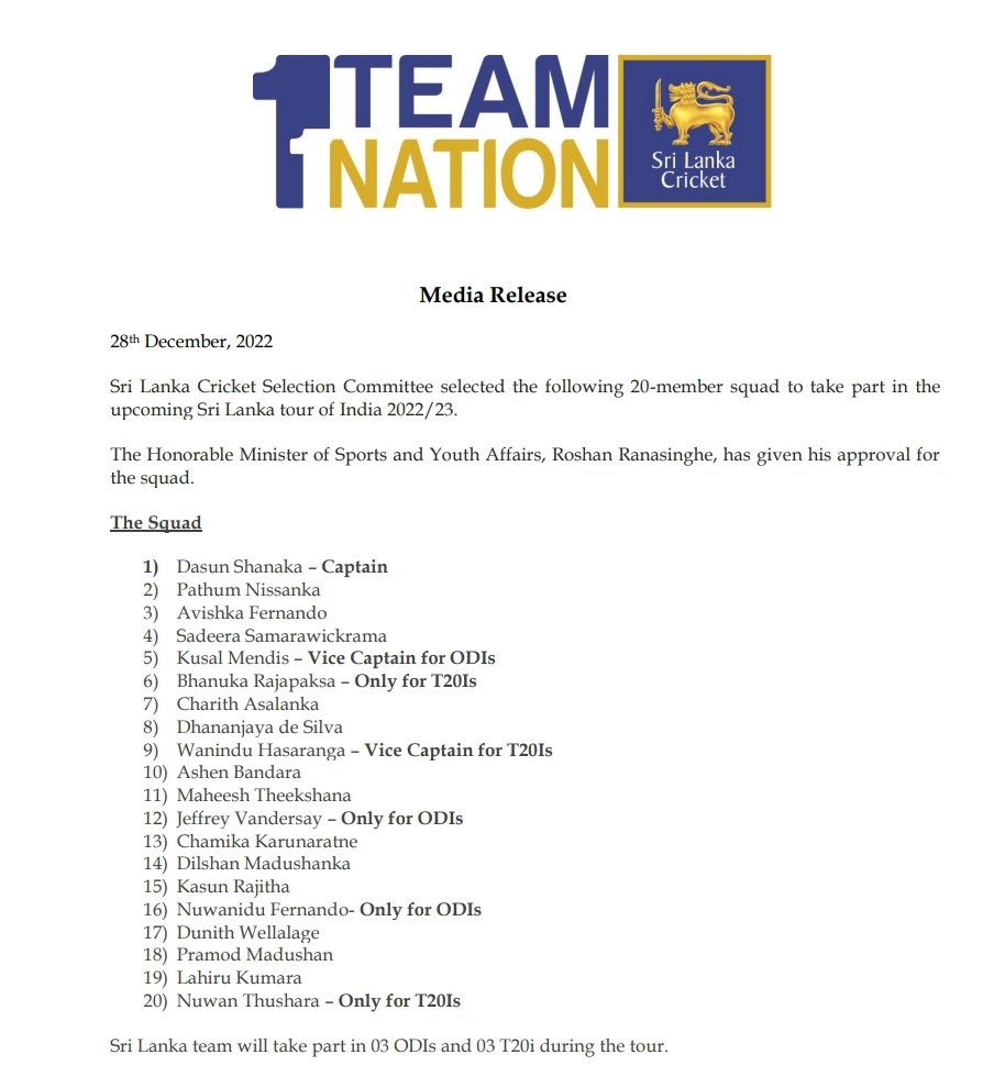 Sri Lanka Squad announced for the India Tour of Sri Lanka ODI and T20 series!😎 Wanindu Hasaranga and Kusal Mendis to assist Dasun Shanaka as Vice Captains 😍 #SriLankaCricket #SLC #SriLanka #Lka #Cricket