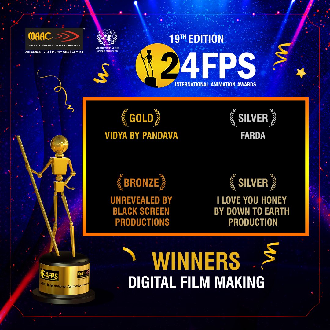 MayaAcademyInd's tweet photo. Presenting the winners of the MAAC 24FPS 2022 International Animation Awards - Digital Film Making category 🎉
A big congratulations to the winners for their stellar achievement ✨
#24FPS #MAAC24FPS #MAACIndiaOfficial #InternationalAnimationAwards #AnimationAwards https://t.co/auRO15m3V3