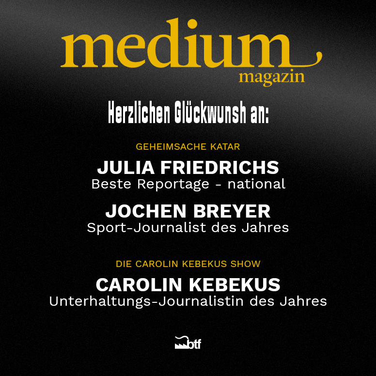 btf (@btfcologne) on Twitter photo Die Fachzeitschrift „medium magazin“ hat die Journalisten und Journalistinnen des Jahres 2022 ausgezeichnet! An dieser Stelle also nochmal herzlichen Glückwunsch an Julia Friedrichs und <a href="/jochenbreyer/">Jochen Breyer</a> für #GeheimsacheKatar und <a href="/carolinkebekus/">carolin kebekus</a> und das gesamte <a href="/dckshow/">Die Carolin Kebekus Show</a> Team! 🙌 Die Fachzeitschrift „medium magazin“ hat die Journalisten und Journalistinnen des Jahres 2022 ausgezeichnet! An dieser Stelle also nochmal herzlichen Glückwunsch an Julia Friedrichs und <a href="/jochenbreyer/">Jochen Breyer</a> für #GeheimsacheKatar und <a href="/carolinkebekus/">carolin kebekus</a> und das gesamte <a href="/dckshow/">Die Carolin Kebekus Show</a> Team! 🙌