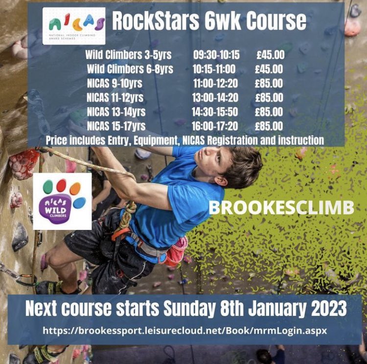 Our next Wild climbers and NICAS course starts Sunday 8th January and runs over 6 weeks. All ages are available to book online or in person via reception #wildclimbers #nicas @brookessportoxford