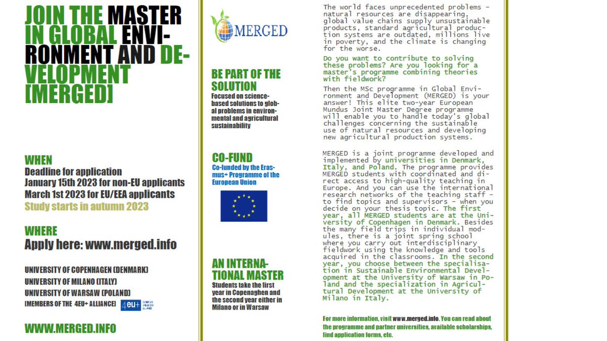 To all future MSc students spending the holidays choosing their master's program: Check out #MERGED, our new #ErasmusMundus degree that focuses on development and environment - and takes you around the world: merged.info (shares are appreciated) 🍃🍃 #dkudd #kbhuni