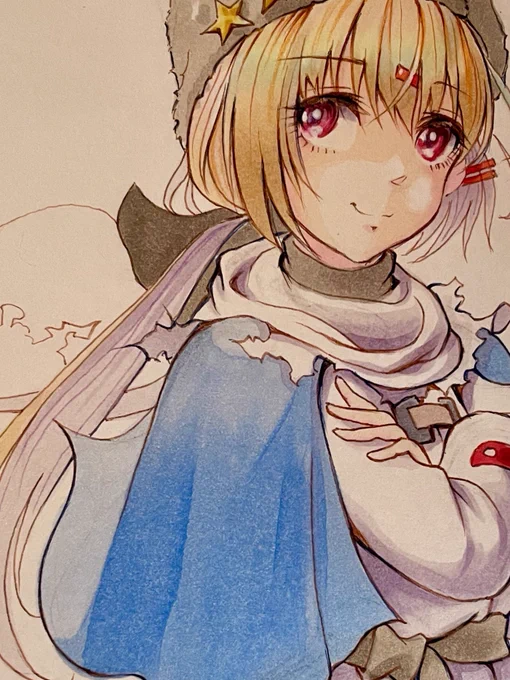 持ってきたコピックの色数にも限りがあって…水色の薄い部分は百均のアルコールマーカーで代用しました。。。インクがたくさん出てわたしには制御が難しかったです。。。 