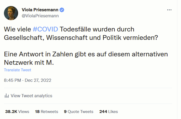 ViolaPriesemann's tweet photo. Ich wollte sehen, ob Tweets weniger gezeigt/gelesen werden, wenn das Wort Mastodon benutzt wird. - Daher ein Tweet mit - und einer ohne Wort und Link.

Obwohl der Tweet ohne M kryptischer ist, wurde er deutlich mehr gesehen (38.000 versus 12.000 views).
:(
https://t.co/emLgivB80T https://t.co/IyS1lXs9Yf