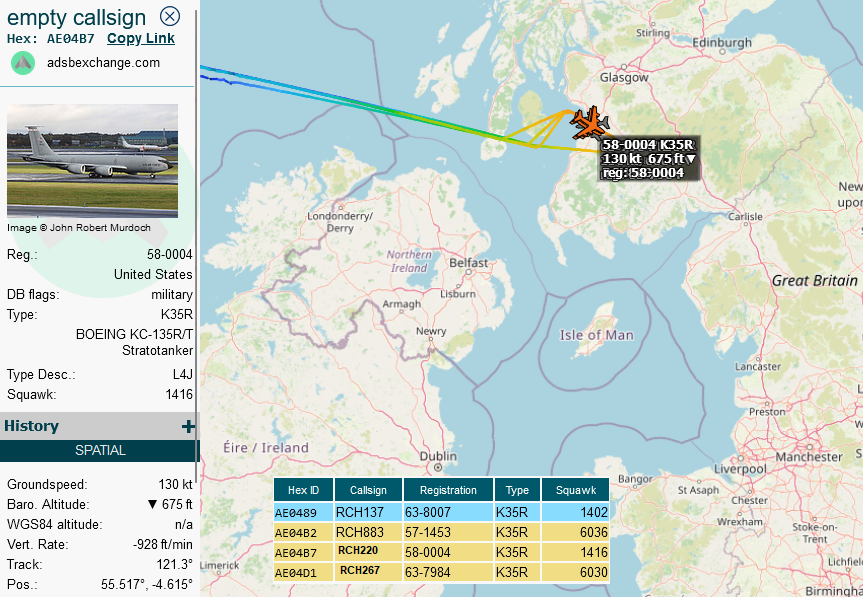 SirListenalot's tweet photo. Four #KC135's arrived at Prestwick from Birmingham, AL #AE0489 #AE04B7 #AE04D1 #AE04B2 as #RCH137 #RCH220 #RCH267 #RCH883 https://t.co/kAY933gwWh