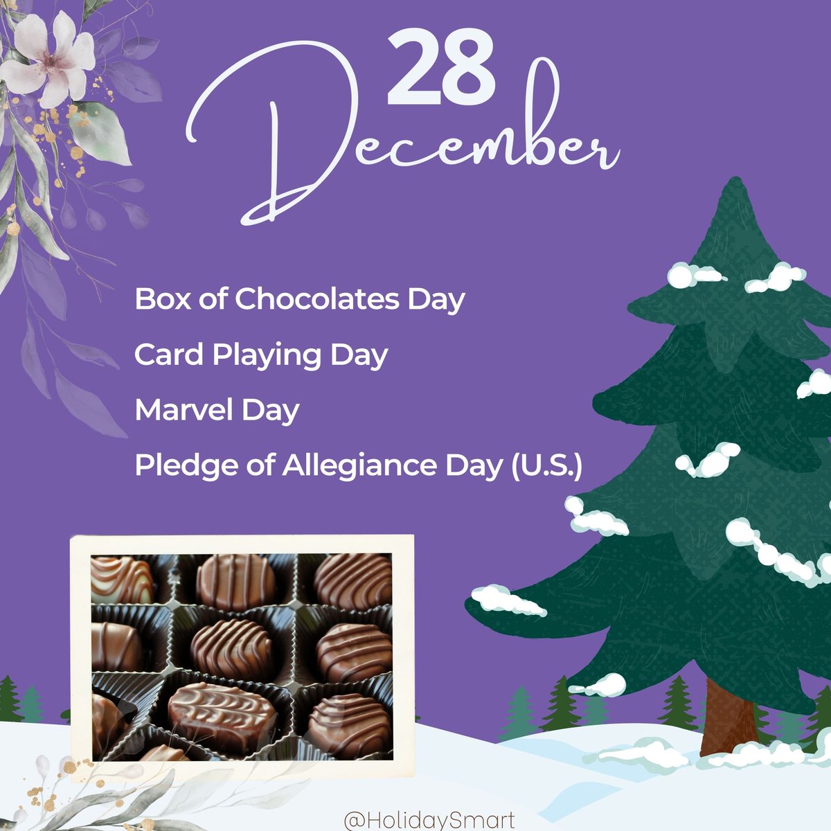 HolidaySmart's tweet photo. Celebrate today with these fun days
#BoxofChocolatesDay
#CardPlayingDay
#MarvelDay
#PledgeofAllegianceDay
https://t.co/tbGwgoyuj9
.
Don't miss your favorite holiday and stay up with the daily trends. Celebrate Daily Holidays Everyday! 
#HolidaySmart
#December28 https://t.co/Fq4w4ZsWHC