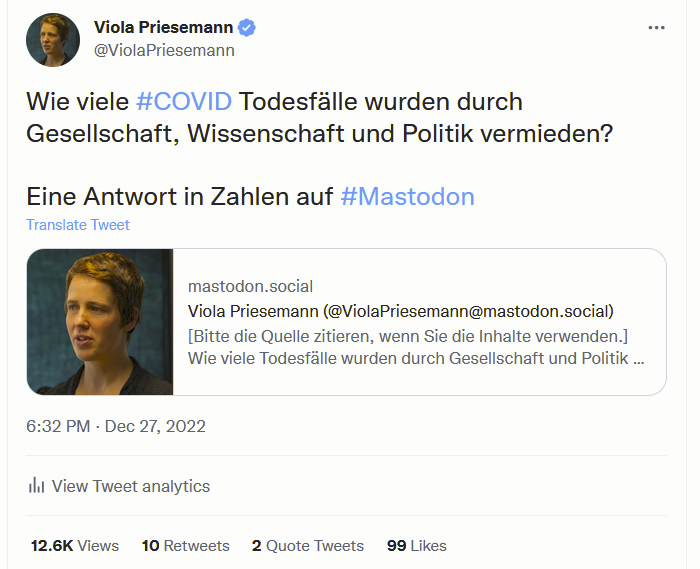 Ich wollte sehen, ob Tweets weniger gezeigt/gelesen werden, wenn das Wort Mastodon benutzt wird. - Daher ein Tweet mit - und einer ohne Wort und Link.

Obwohl der Tweet ohne M kryptischer ist, wurde er deutlich mehr gesehen (38.000 versus 12.000 views).
:(
mastodon.social/@ViolaPriesema…