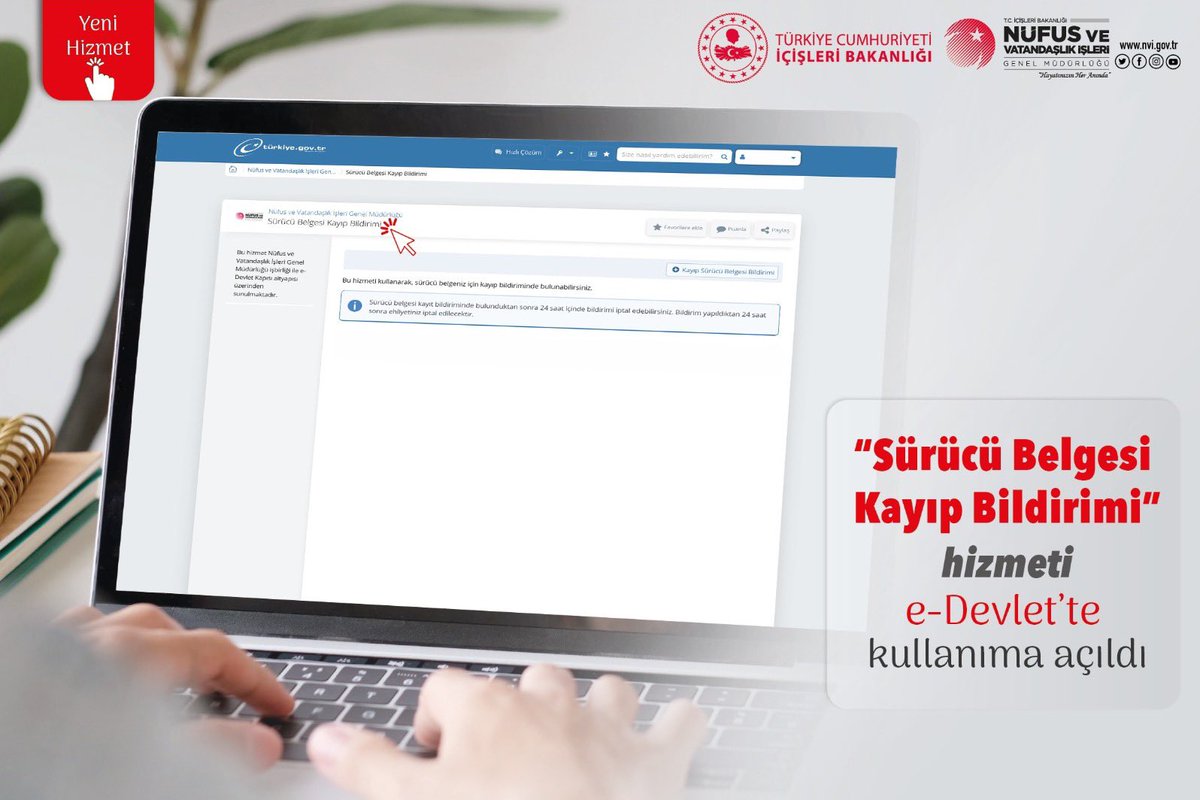 e-Devlet Kapısı üzerinden sunduğumuz hizmetlere bir yenisi daha eklendi❗️

➡️ Sürücü belgenizi kaybetmeniz durumunda kayıp bildiriminizi, hızlı ve kolay bir şekilde e-Devlet üzerinden yapabilirsiniz.

👉 turkiye.gov.tr/nvv-surucu-bel…

<a href="/ekapi/">e-Devlet Kapısı</a>
<a href="/TC_icisleri/">T.C. İçişleri Bakanlığı</a> 
#HayatınızınHerAnında