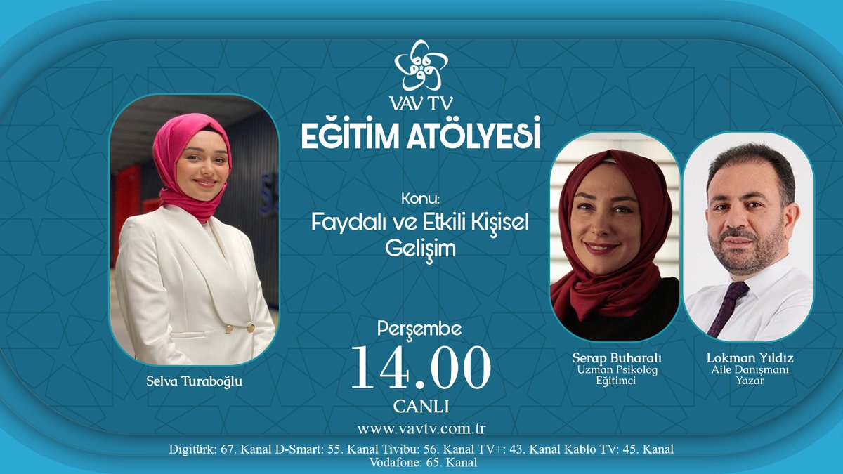 📚#EğitimAtölyesi'nde bu hafta "Faydalı ve Etkili Kişisel Gelişim" konuşuluyor...  

👥<a href="/selvaturaboglu/">Selva Turaboğlu</a>'nun sunumu Uzman Psikolog/Eğitimci Serap Buharalı ve Aile Danışmanı/Yazar Lokman Yıldız'ın katkılarıyla Perşembe 14.00'de VAV TV'de...

@pedagogserapbu1
<a href="/lokmanyildiztr/">Lokman YILDIZ</a>