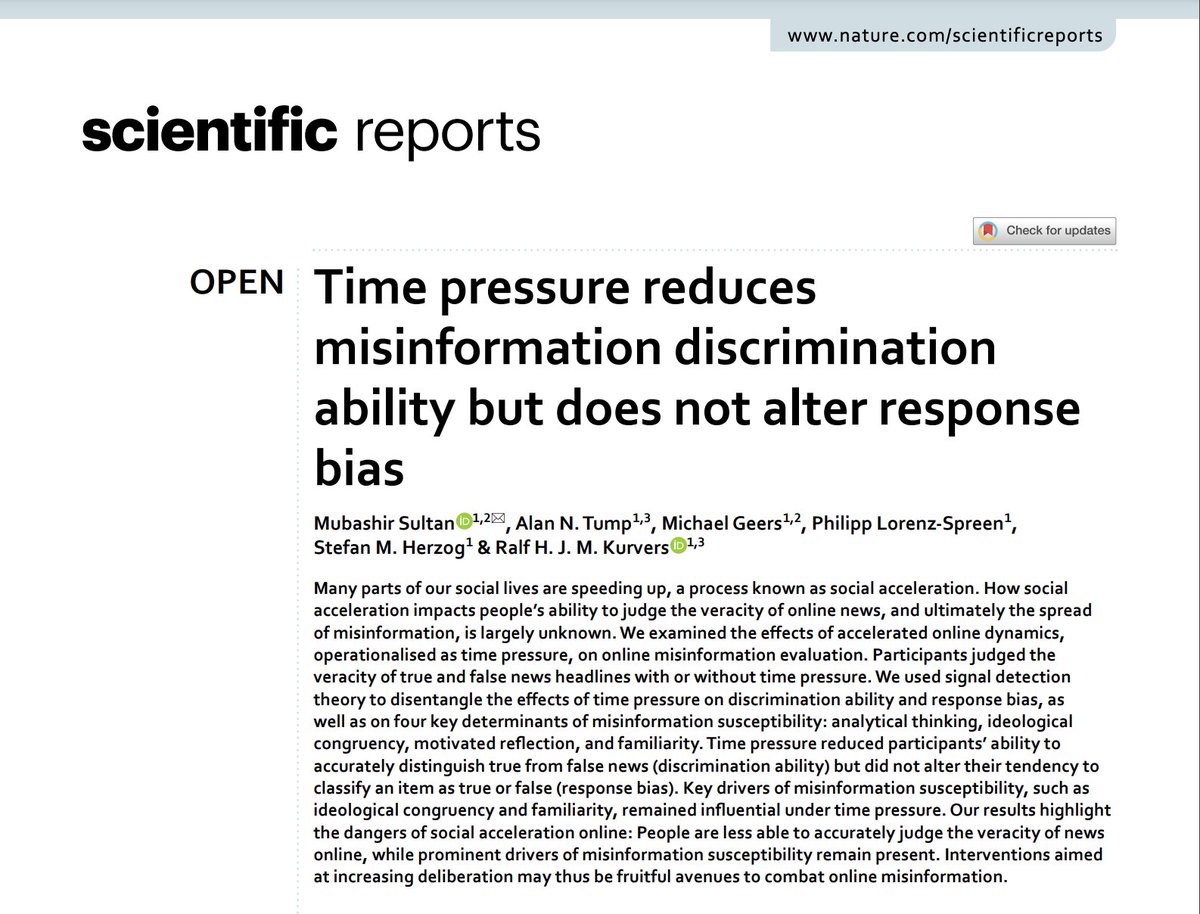 Mubashir (@abdulshir) on Twitter photo Such a nice way to end the year! Our paper on fast-paced news consumption and false news just got published at <a href="/SciReports/">Scientific Reports</a> 🎉 🥳 🎉.
You can read it in full here: nature.com/articles/s4159…
And see quoted tweet for a thread :)
<a href="/arc_mpib/">Center for Adaptive Rationality (MPIB, Berlin)</a> <a href="/mpib_berlin/">Max Planck Institute for Human Development</a> Such a nice way to end the year! Our paper on fast-paced news consumption and false news just got published at <a href="/SciReports/">Scientific Reports</a> 🎉 🥳 🎉.
You can read it in full here: nature.com/articles/s4159…
And see quoted tweet for a thread :)
<a href="/arc_mpib/">Center for Adaptive Rationality (MPIB, Berlin)</a> <a href="/mpib_berlin/">Max Planck Institute for Human Development</a>