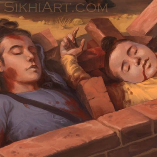 dashmeshpita's tweet photo. Mughal executioners Shashal and Washal Baeg threw the Sahibzade on the floor, knelt on the Sahibzade’s chests, and slit their throats, in the fashion of Zabiha or Dhabihah. Zorawar Singh died quickly but Fateh Singh took about 13 minutes to die, as his feet quivered in that time. https://t.co/zC3F006voU