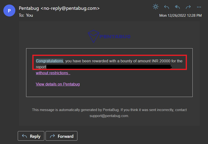 amravarthan's tweet image. Happy to say that after so many rejections I got the 1st Bounty. And my special Thanks to @pentabug Team.
My Thanks to my Mentors @sankarrajj @Rohit @OffensiveHunter and others.
I am proud to be a Pentabug Red Teamer Thanks @pentabug team for the Opportunity