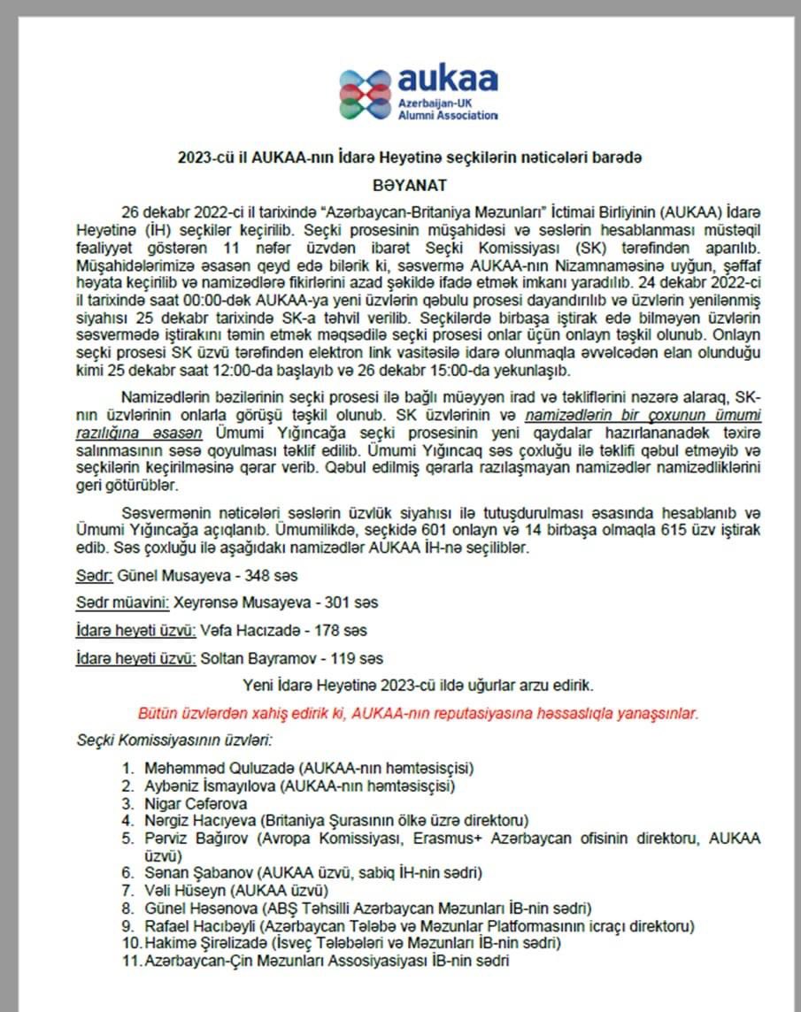 AUKAA-nın həmtəsisçiləri, beynəlxalq qurumların nümayəndələri və təcrübəli məzunlar ictimai birliklərinin cari və sabiq sədrlərindən formalaşmış Seçki Kommisiyası tərəfindən 2023-cü il AUKAA-nın İdarə Heyətinə seçkilərin nəticələri barədə BƏYANAT