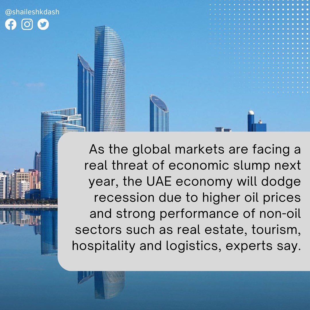 ShaileshDash's tweet photo. As the global markets are facing a real threat of economic slump next year, the UAE economy will dodge the recession.
Swipe to read more! 
Thank you @khaleejtimes for the feature. 
.
.
#UAE #Dubai #business #NewsUpdate #economy #mena #BusinessNews #2023Predictions https://t.co/aIWqtQmuhc