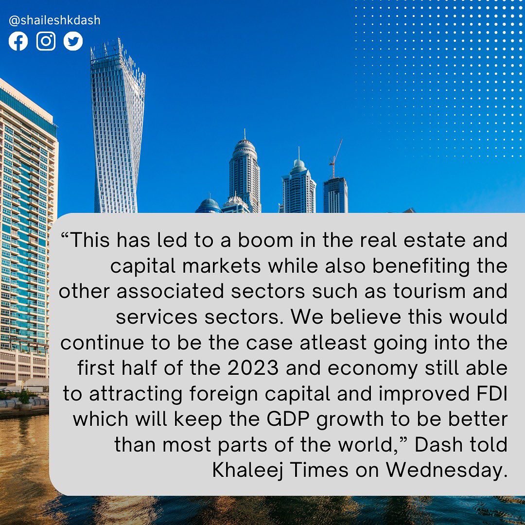 ShaileshDash's tweet photo. As the global markets are facing a real threat of economic slump next year, the UAE economy will dodge the recession.
Swipe to read more! 
Thank you @khaleejtimes for the feature. 
.
.
#UAE #Dubai #business #NewsUpdate #economy #mena #BusinessNews #2023Predictions https://t.co/aIWqtQmuhc