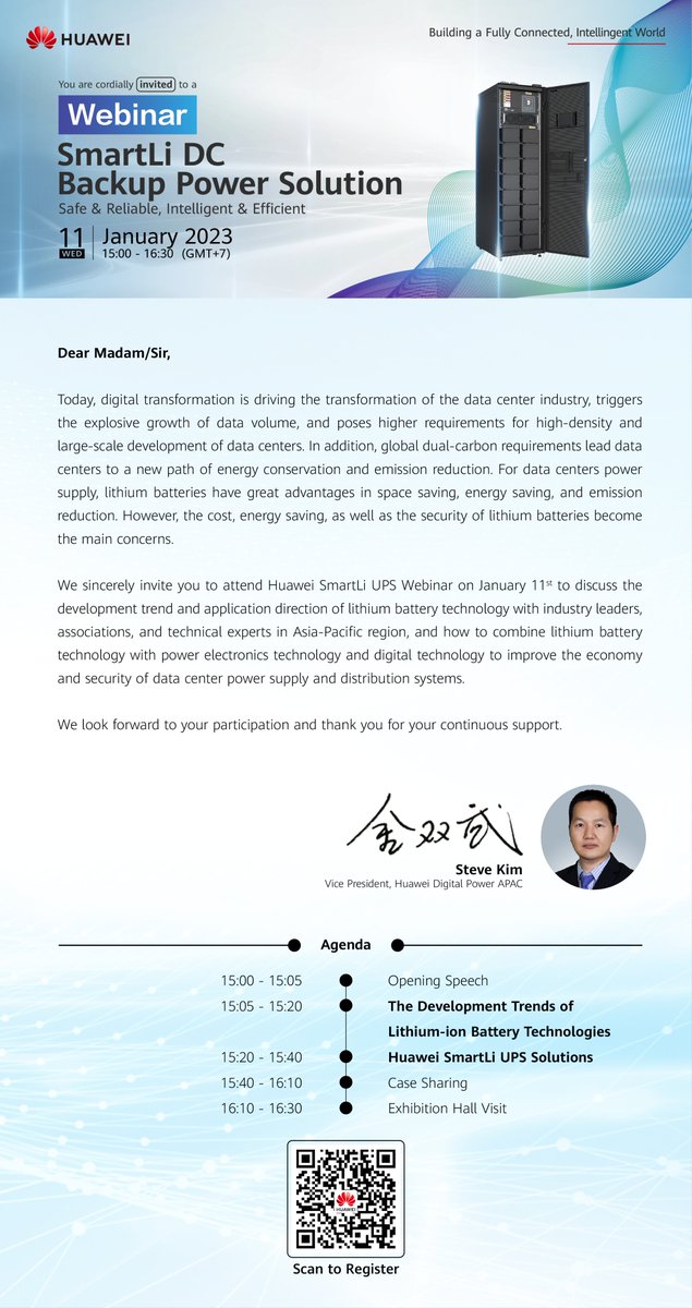 huawei_power's tweet photo. Join us on January 11, 2023, for the Huawei #SmartLi UPS Webinar to learn about the latest developments and potential applications of lithium battery technology from industry leaders in the Asia-Pacific region.
Sign up now: https://t.co/TOwwSxyI04 https://t.co/G4lD37jOpB