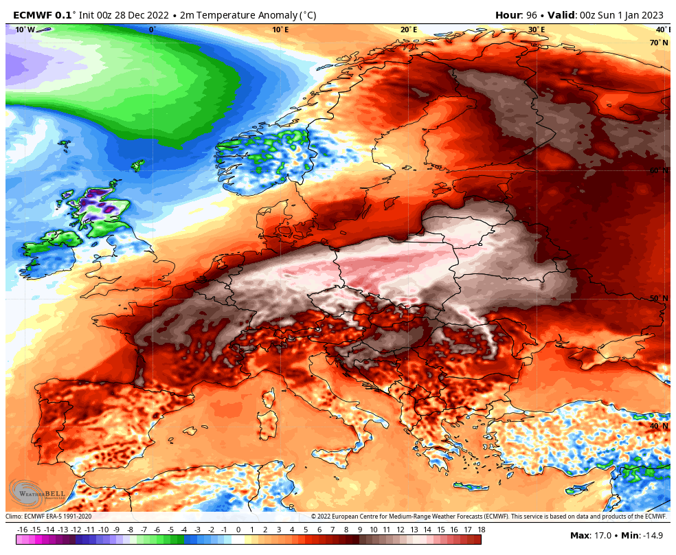 Esta podría ser la noche de Nochevieja más templada del registro en algunas zonas de Europa. En varios países del norte del continente se tomarán las uvas (o similar) con valores hasta 15 grados por encima de la temperatura habitual. fuente: ECMWF #Nochevieja #temperatura #Europa