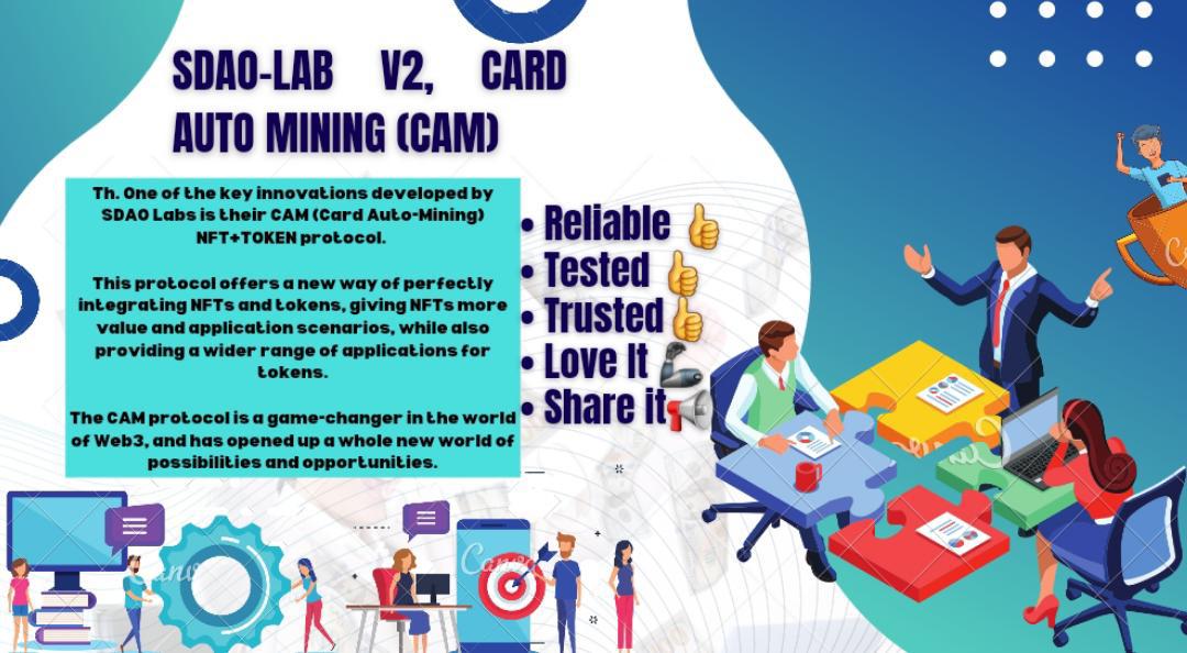 One of the key innovations developed by SDAO Labs is their CAM (Card Auto-Mining) NFT+TOKEN protocol. 

This protocol offers a new way of perfectly integrating NFTs and tokens, giving NFTs more value and application scenarios, while also providing a wider range of applications..