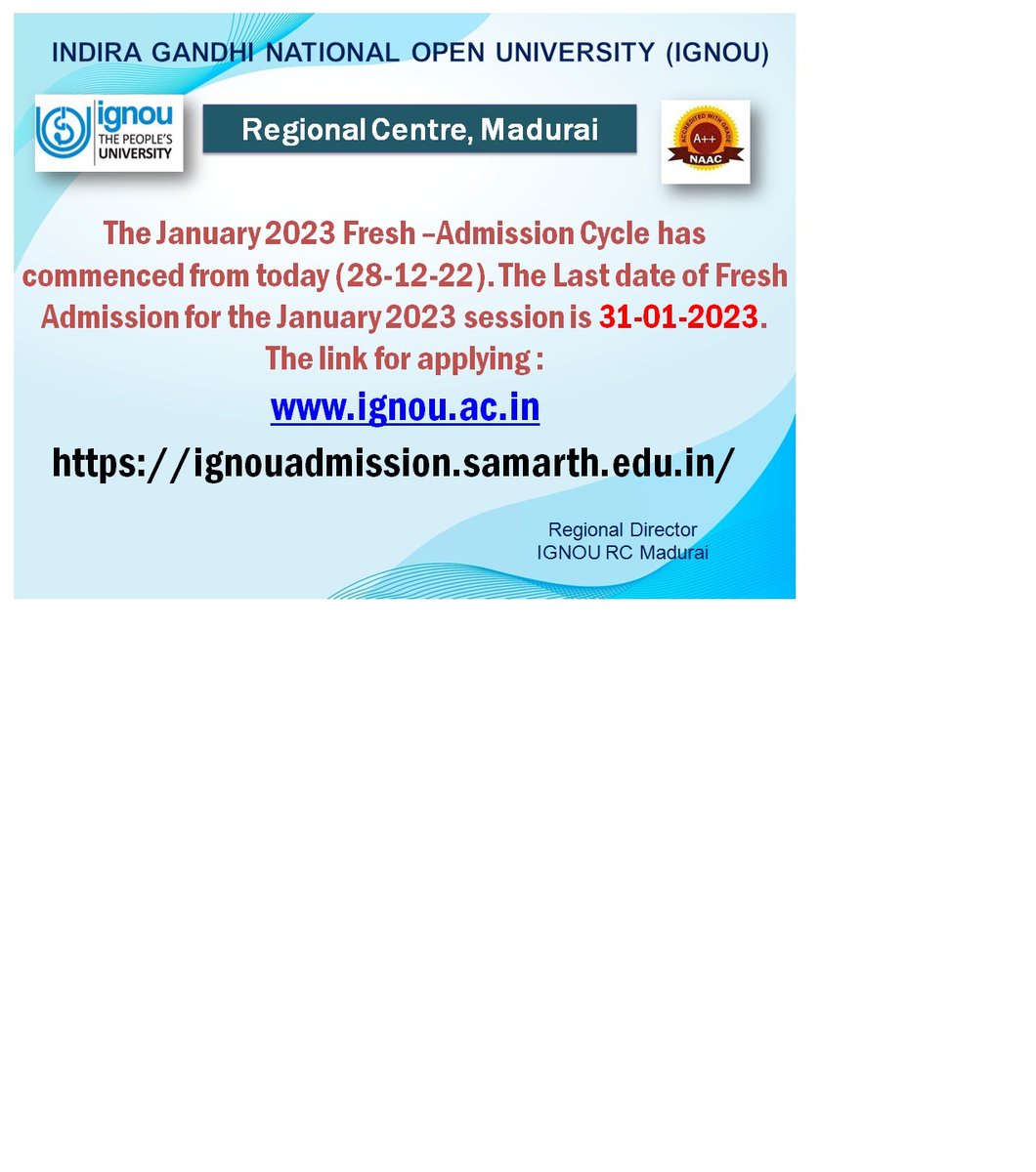 Commencement of Fresh admission for January 2023 cycle