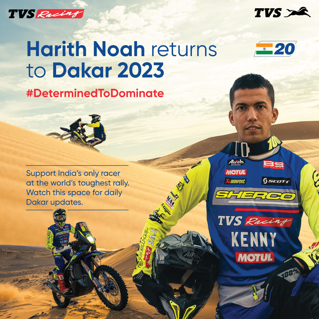 TVS_Racing's tweet photo. The toughest race on earth is back! And Harith Noah is ready to tackle the dunes of Saudi Arabia. 14 grueling stages and 5,000 kms lay ahead of him. And he's #DeterminedToDominate #Dakar2023
#TVSRacing #Motorsports https://t.co/Zb8khTTZJY