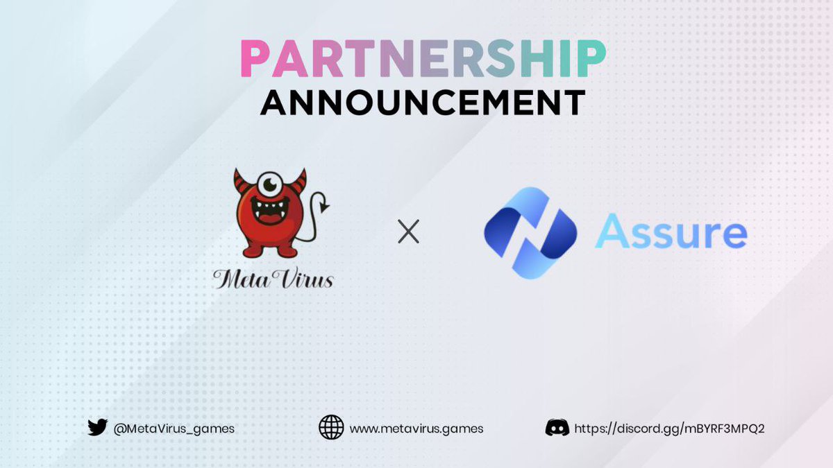 MetaVirus_games's tweet photo. We’re pleased to announce our strategic partnership with @assure_pro wallet.
Assure will be working alongside us to provide the world’s first #P2E game made for traditional gamers.
We’re planning to bring an airdrop pooled at 150k $USDT for 10 thousand early adopters. Stay tuned. https://t.co/x5VX2tNBrI