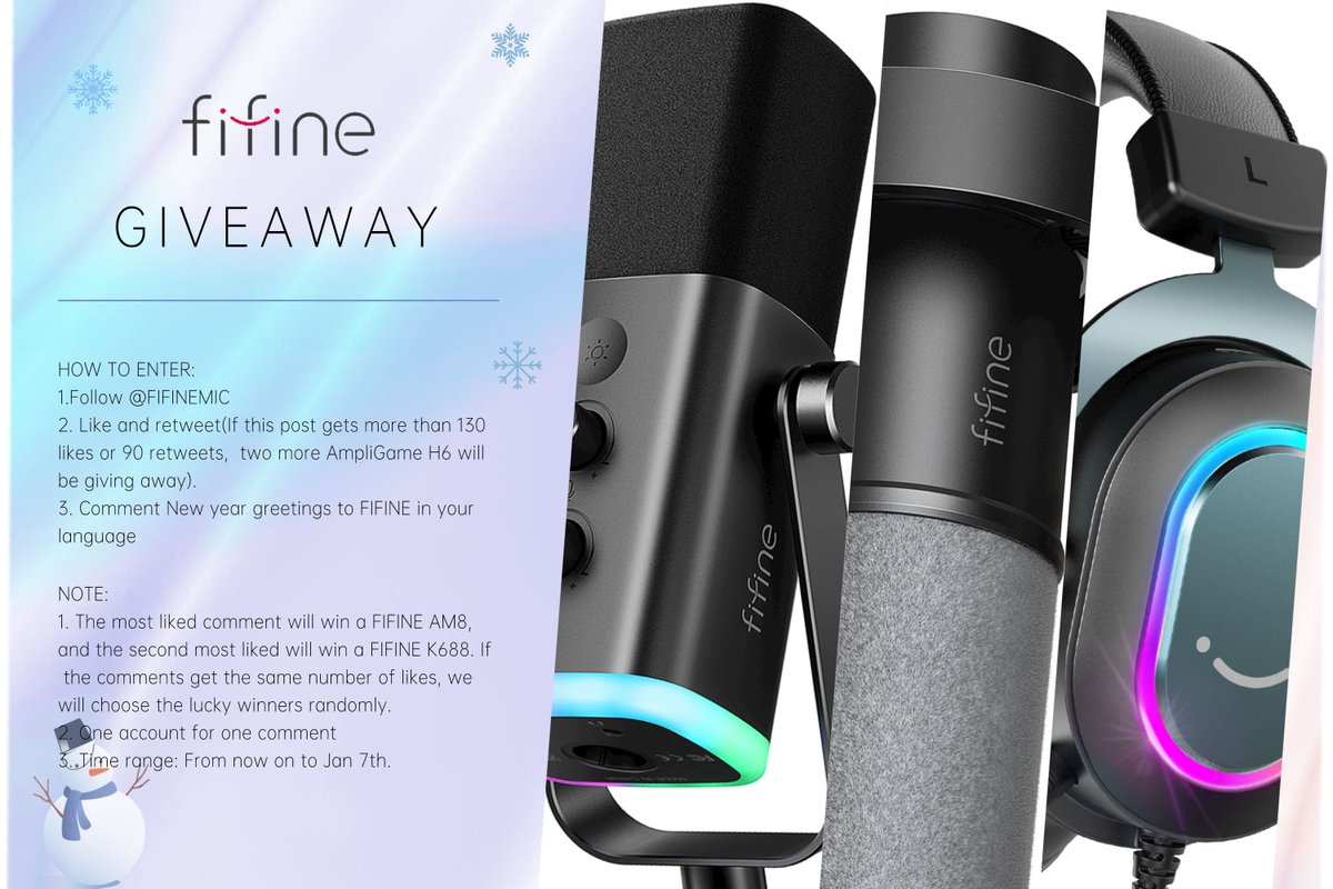 FIFINEMIC's tweet photo. ❤️NewYear Giveaway🤍
We want to hear and convey your voice in 2023

Follow @FIFINEMIC
Like&amp;RT
Comment New Year greetings in your language

📍The most liked comment will win a AM8, the next will get a K688. With 130 likes/90 RTs of the post, we up the ante with two H6 headsets! https://t.co/JawpXoFZN6