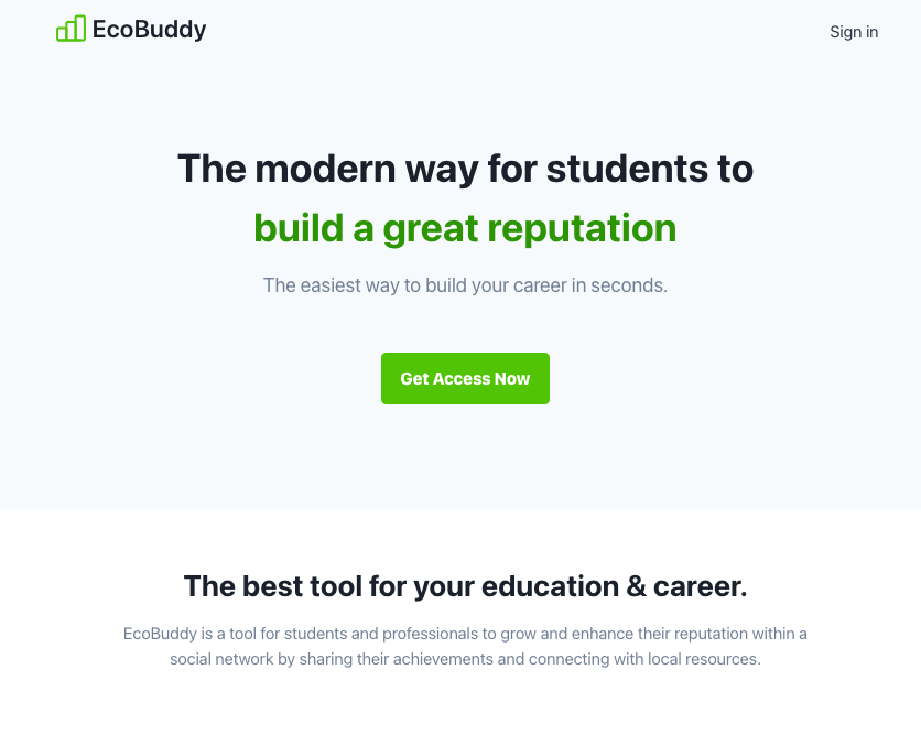 Here's what I'm building for #NightsAndWeekends S2.

🎓 Software as a service for students and professionals to connect and find opportunities for growth

Demo here : ecobuddy-site.netlify.app
Video here: youtu.be/vLEM7MUjXhc

cc: <a href="/FarzaTV/">Farza 🇵🇰🇺🇸</a> <a href="/_buildspace/">buildspace</a>