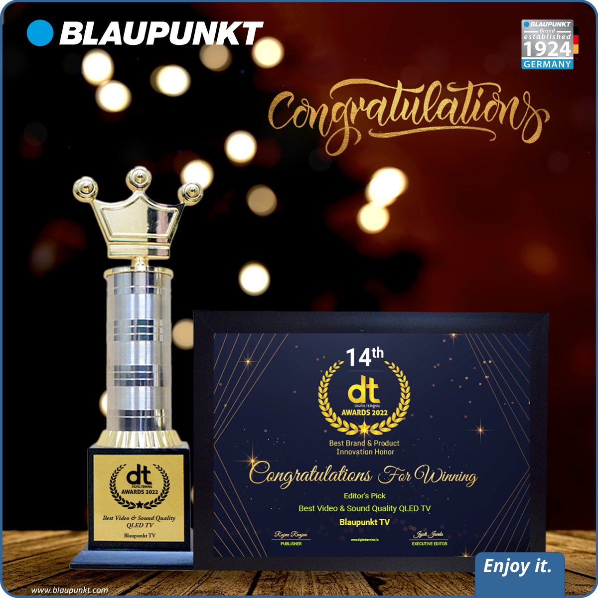 blaupunkttv's tweet photo. Here’s to another milestone! We are grateful to get recognition by the @digitalterminal for the Best Sound and Video Quality QLED TV. We stay committed to ensuring you have the best experience every time with Blaupunkt.

#Blaupunkt #Award #BestSoundAndVideoQualityTV #Winner https://t.co/AekPnKXB54