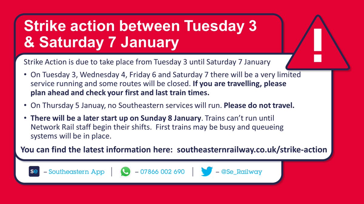 Se_Railway's tweet image. 📅Due to Strike Action on 3, 4, 5, 6 &amp;amp; 7 January, a limited or no service will run and some routes will be closed. 

⏰On the 8th January, there will be a later start, with no trains before 7 am 

ℹ️Click here for more information: bit.ly/3PgasQN #railstrike