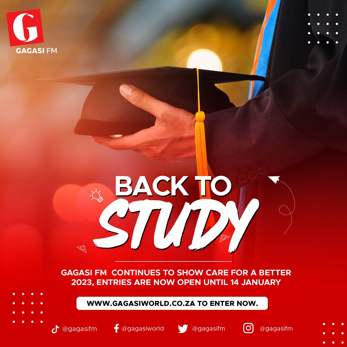 gagasifm's tweet photo. Were you doing matric in 2022 & have been accepted at a Tertiary Institution of your choice but are short of registration fees? Nali ithuba to help you reduce i-stress esihamba nokudinga "eyokuregister".
Apply for the #backtostudy competition now here:
https://t.co/p0IlyvvhEl https://t.co/eP5zR83hti