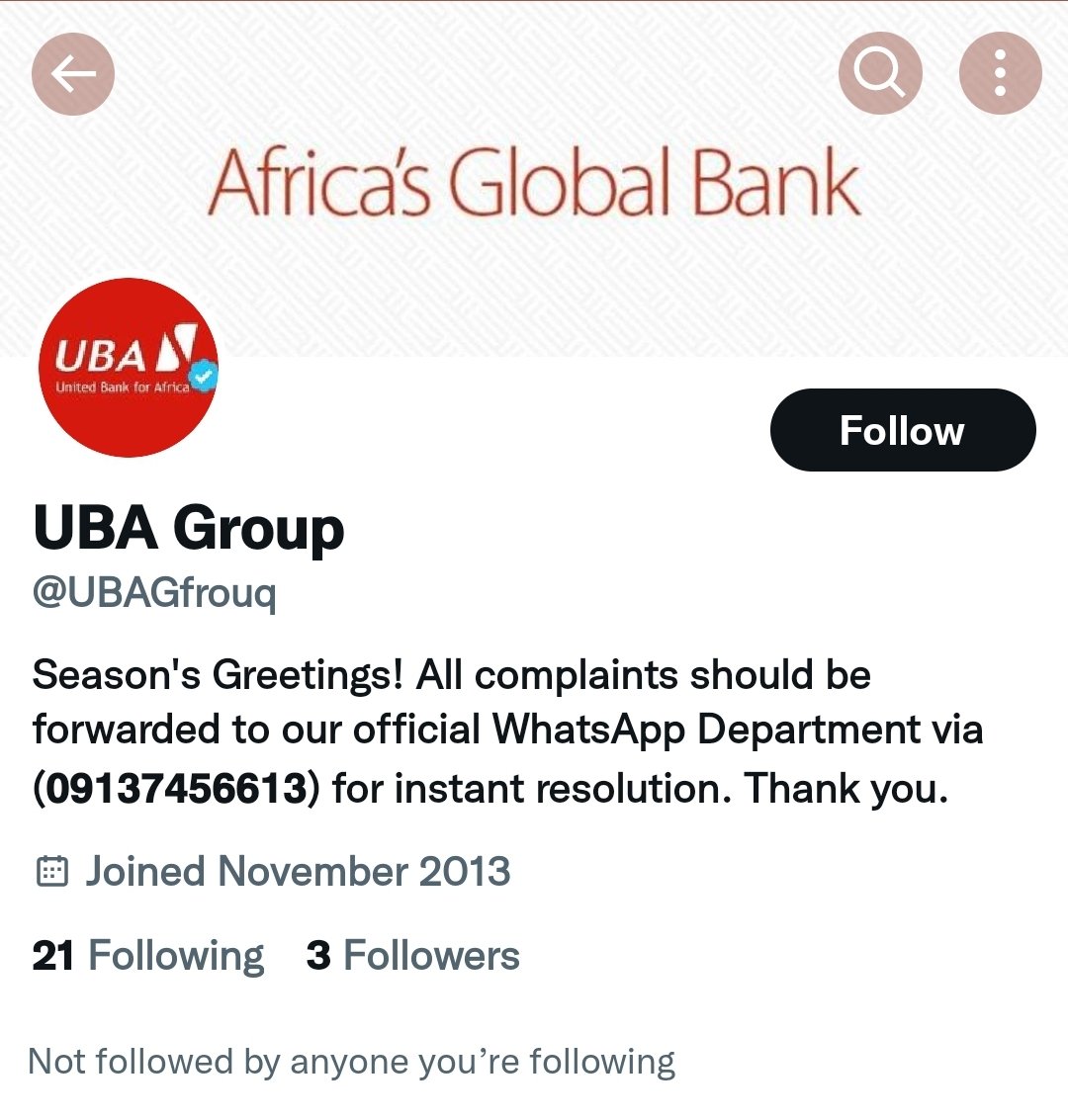 ConsumerGist's tweet photo. This puported #UnitedBankforAfrica #UBA account is a #SCAM and fraudulent account. Avoid it.

But the question is why is @UBAGroup allowing this account to exist? Make a report to Twitter and bring down the account. https://t.co/icpX8b0ARF