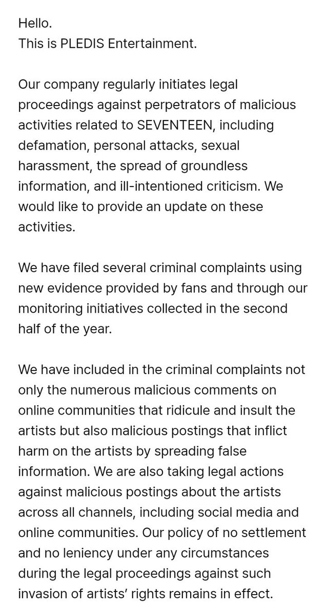svtcontents's tweet photo. @pledis_17 [NOTICE] Update Notice on Legal Proceedings Against Violation of Artist Rights (Dec. 28)

"We regularly collect information on malicious postings regarding SEVENTEEN, report them to the authorities and file criminal complaints."

🖇️ https://t.co/JGWWVsWShm https://t.co/RJtT5p564L