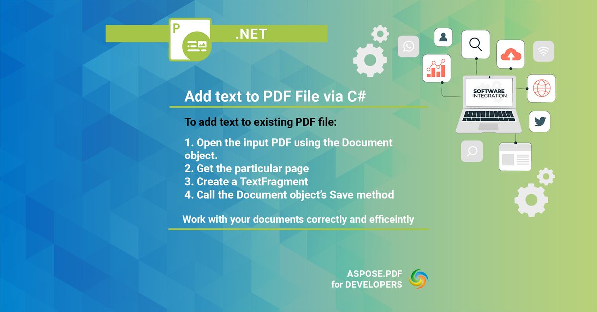 AsposePDF's tweet image. Add Text to PDF using C# 
Explore the wide variety of features of working with text in your PDF by the .NET library
Check the documentation page and use the code snippet to add text to your PDF document.
docs.aspose.com/pdf/net/add-te…
#texttopdf #addtexttopdf #editpdf #asposepdfeditor