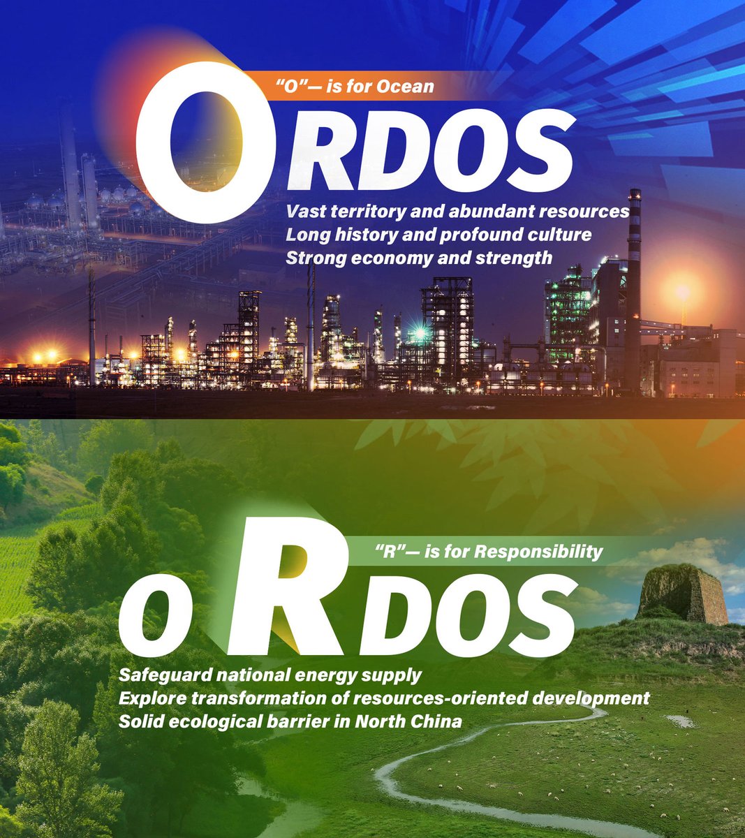 OrdosChina's tweet photo. 🥳Finally! The much-awaited posters are online! Today, we reveal the meanings behind the first two letters of #Ordos, the city in Inner Mongolia autonomous region. Was your guess right?
Write your guess for the last three letters in the comment area. 👇👇#BeautifulOrdos https://t.co/sCnY5UOpoM