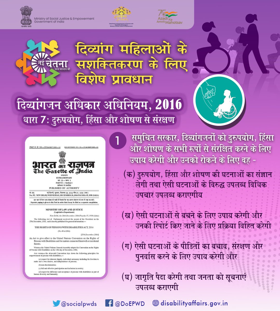 socialpwds's tweet photo. दिव्यांग महिलाओं के सशक्तिकरण के लिए विशेष प्रावधान | दिव्यांगजन अधिकार अधिनियम 2016 धारा 7: दुरुपयोग, हिंसा और शोषण से संरक्षण #NayiaChetna #AzadiKaAmritMahotsav #RPwDAct2016 #womenempowerment @Drvirendrakum13 @PIB_India @mygovindia https://t.co/40M5smmZYc