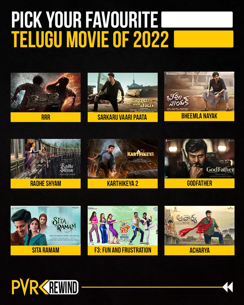 _PVRCinemas's tweet photo. 2022 gave us amazing Telugu marvels in terms of entertainment! Which is your favourite Telugu movie of 2022? Let us know in the comments.
#PVRRewind #RamCharan #JrNTR #Prabhas #MaheshBabu #PawanKalyan #Prabhas #NikhilSiddhartha #Chiranjeevi #DulquerSalmaan #DaggubatiVenkatesh https://t.co/3NhxUse5bB