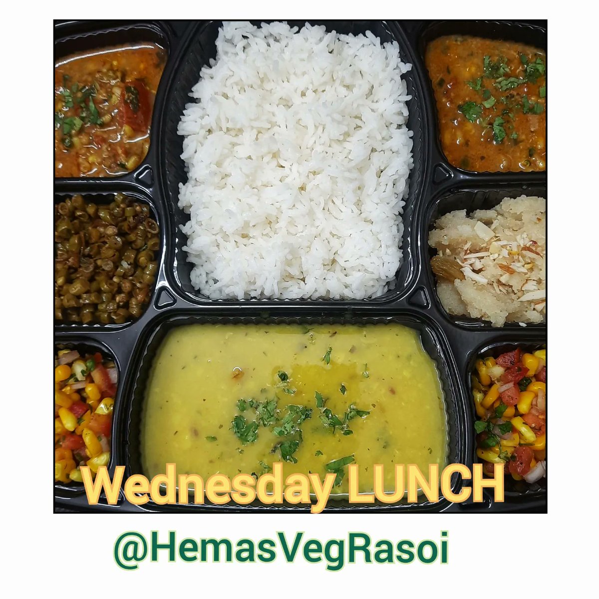HemasVegRasoi's tweet photo. WednesdayLUNCH #MixDalRice #MatkiGravy #GreenChawliDry #CornTomatoSalad #DryfruitsSheera  #Phulkas📱8976764660.
We accept orders of #EveningSnacks for corporate office of compact size 
(20/30 staff)
#homechef #mumbai #matunga #pureveg #homecookfood
Details:https://t.co/7MsOcZPvum https://t.co/0DoPKmpCIv