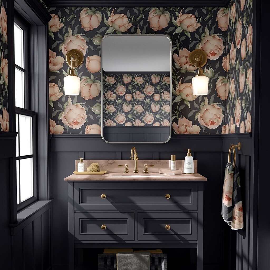 Bathroom design. Vintage dark wallpaper with delicate pastel roses.

#rosespattern #pattern 
#patterndesign #patterndesigner 
#fabricdesigner #printandpattern 
#surfacepattern #surfacedesign 
#fashionprint #repeatpattern 
#patternobserver #patternbank 
#… instagr.am/p/CmtE46tMgpz/