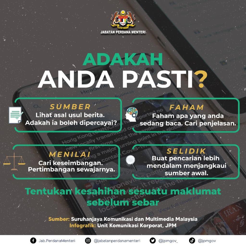 jpmgov_'s tweet photo. 𝐀𝐃𝐀𝐊𝐀𝐇 𝐀𝐍𝐃𝐀 𝐏𝐀𝐒𝐓𝐈?

Elakkan berkongsi berita yang tiada sumber serta diragui kesahihannya.

Semak kesahihan berita yang diragui di portal https://t.co/HcJPhhOtg3

Tidak Pasti Jangan Kongsi!

Sumber: @MCMC_RASMI 

#JabatanPerdanaMenteri https://t.co/RVjgfugdD4