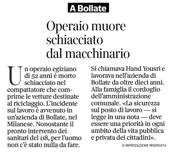 Giul_Granato's tweet photo. Se la morte di un lavoratore trova spazio solo a pag.20 del @corriere, è chiaro che le morti sul lavoro non sono priorità per la nostra classe dirigente.
Versate meno lacrime di coccodrillo e trattiamo gli omicidi bianchi per quello che sono: emergenza nazionale.
Da prima pagina. https://t.co/QSfs2CGtD1