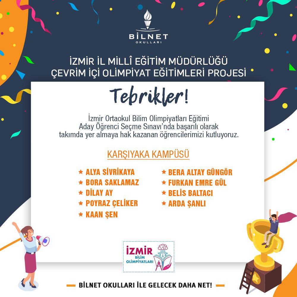 Bilnet Okulları olarak İzmir Bilim Olimpiyatları hazırlık çalışmalarına 48 öğrencimiz seçilmiştir .Bu yine bir rekor tebrik ediyoruz.<a href="/FatihBilfen/">Fatih Öztürk 🇹🇷</a>