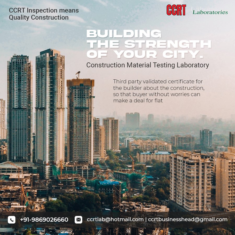 CCRT__Lab's tweet photo. Building the #Strength of your #City
NABL Accredited
#Construction Material #Testing Laboratory

CCRT #Inspection means #Quality Construction

#ConstructionMaterial #ConstructionMaterialtesting #cubetesting #steeltesting #MixDesign #cement #concrete #bricks #NDT #PaverBlock #soil https://t.co/teLn1S4SHe