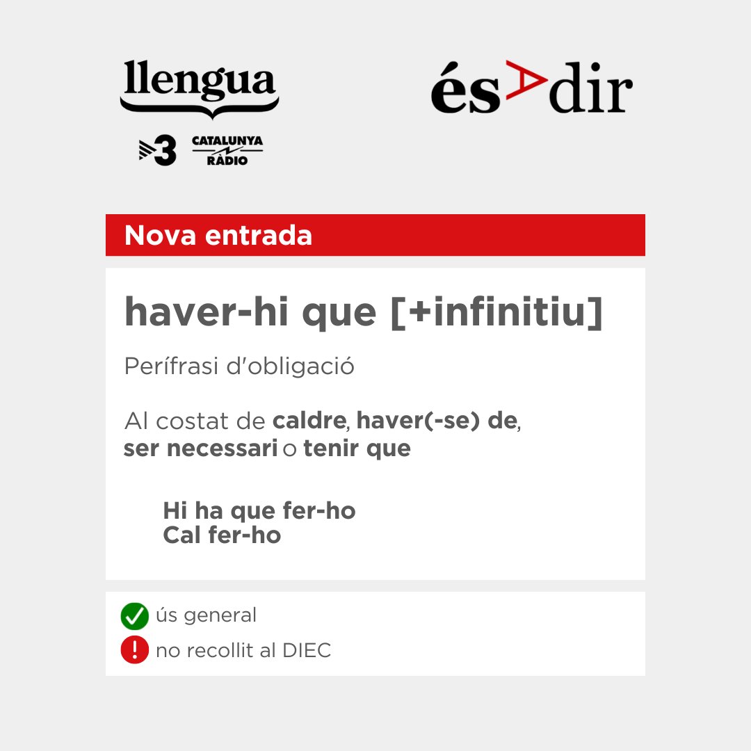 LlenguaTV3CR's tweet photo. Avui, “haver-hi que [+infinitiu]” i "tenir que" a #LaNovaEntrada, noves incorporacions als nostres criteris lingüístics👇

🔗https://t.co/FZcfLvAidz https://t.co/Qm8ppdFNDm