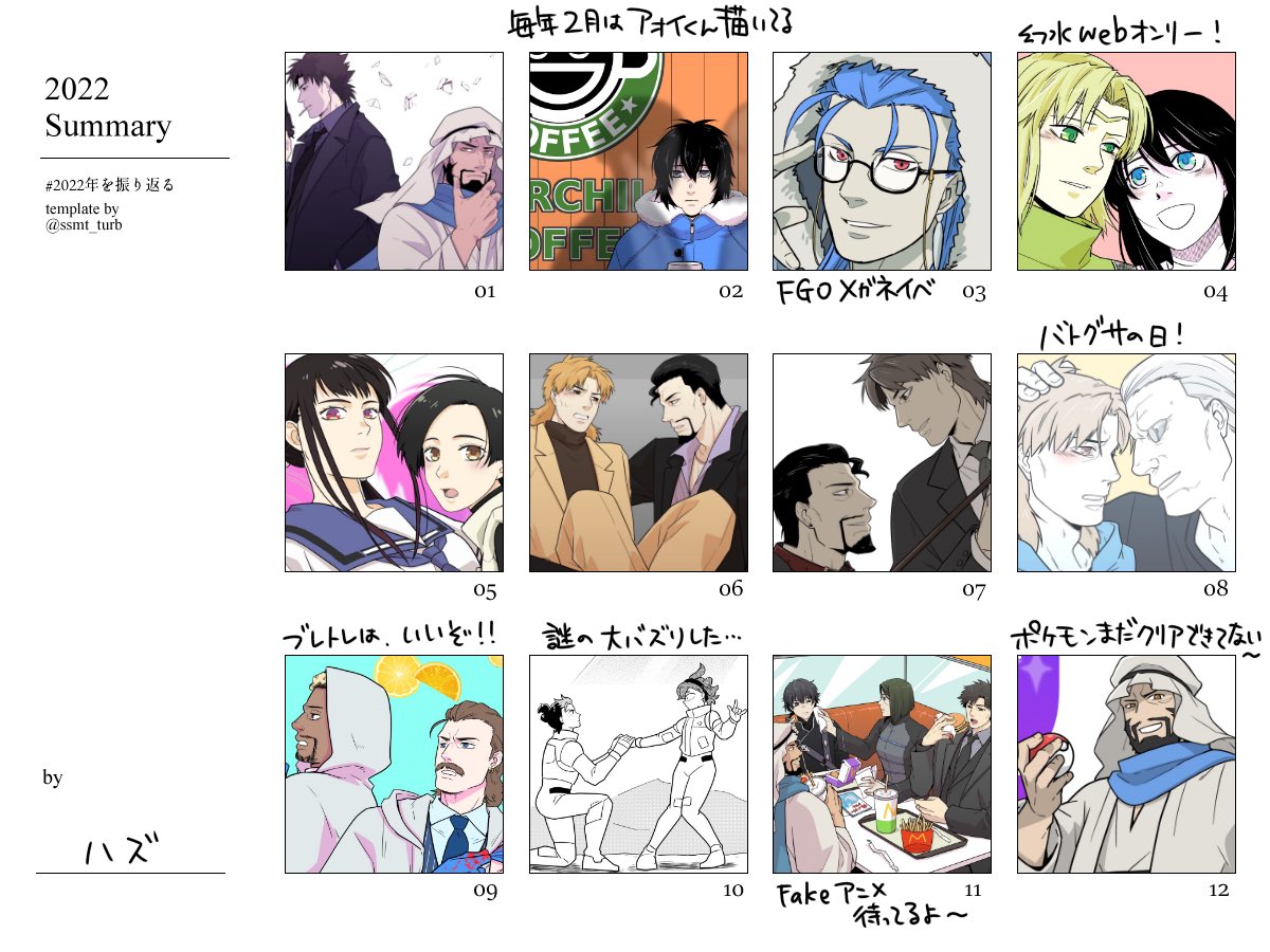 #2022年を振り返る
今年もまとめた!集合絵だと顔ちっちゃくなっちゃうね〜💦
今年も雑多ジャンルちゃんぽん垢でした!(^w^) 