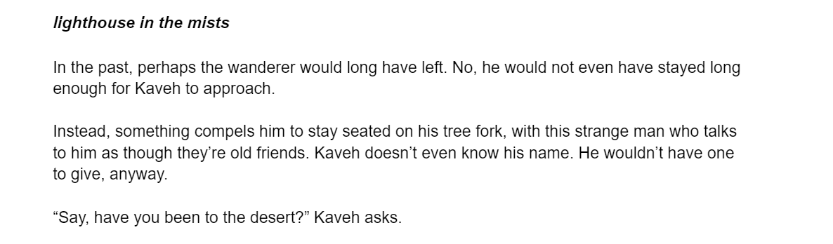 rielavity's tweet photo. [genshin impact]
kaveh/scaramouche >> lighthouse in the mists #linnwrites 
https://t.co/L2h8uF8wrK

#kavescara #scarakaveh

written pre-3.3 archon interlude. https://t.co/gYwBSh2z1l