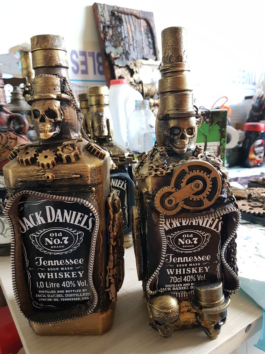 twfsteampunk's tweet photo. Steampunk Jack Daniels bottles Designed by myself Totally Wild For Steampunk. I also make to order Available now from ebay under Blondyskyblue or Facebook and Instagram Under Totally Wild for steampunk UKBASED #STEAMPUNK #mixedmedia #Thanet #JACKDANIELS #upcyclebottle https://t.co/4payDpGeYC