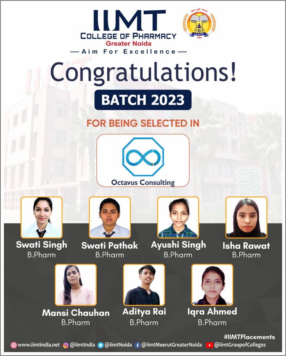 iimtnoida's tweet photo. #congratulate to our B. Pharma Students of Batch -2023 for being #Selected in 'OCTAVUS CONSULTING
https://t.co/UOh7RIbr6l
Call Us: 9520886860
#Placement #AdmissionOpen2023_24 #octavusconsulting #IIMTNoida #IIMTIndia #IIMTDelhiNCR
#DpharmaAdmission2023
#AdmissionOpenSession2023_24 https://t.co/XqaRVTdRHP
